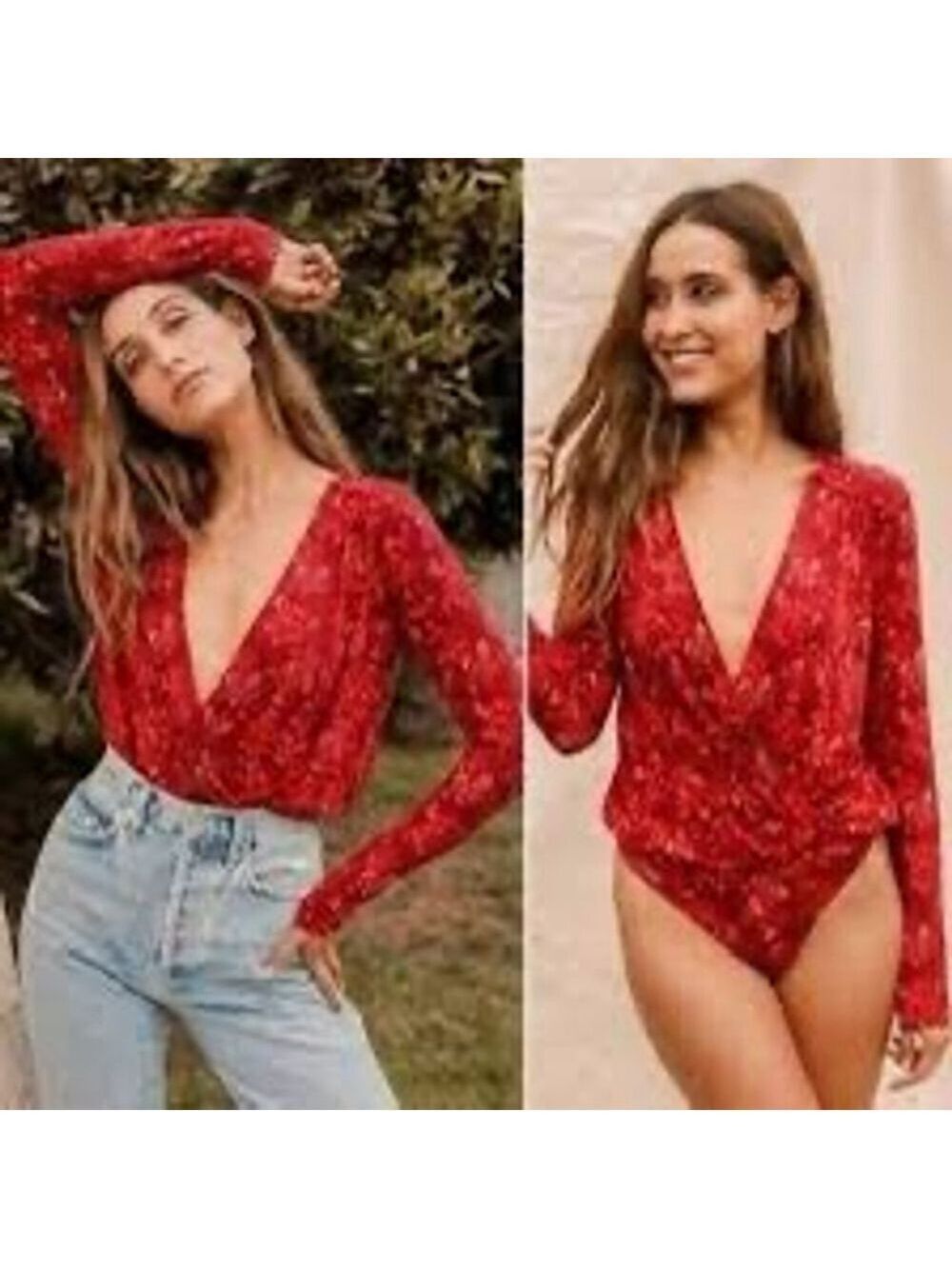 Free People Everything’s Rosy Red Long Sleeve Bodysuit Size L - Picture 6 of 6